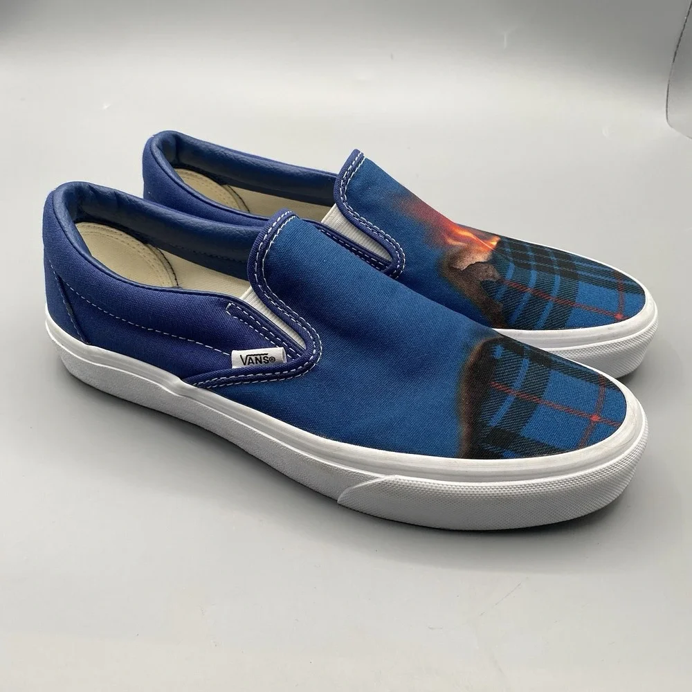 Vans Classic Slip On Big‎ Reveal Mens 8 Womens 9.5 Navy Blue Plaid Fire Skate